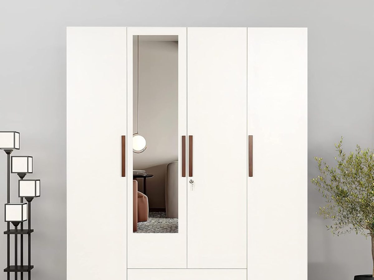Engineered wood 4-door wardrobe in frosty white with mirror, hanger, and drawer