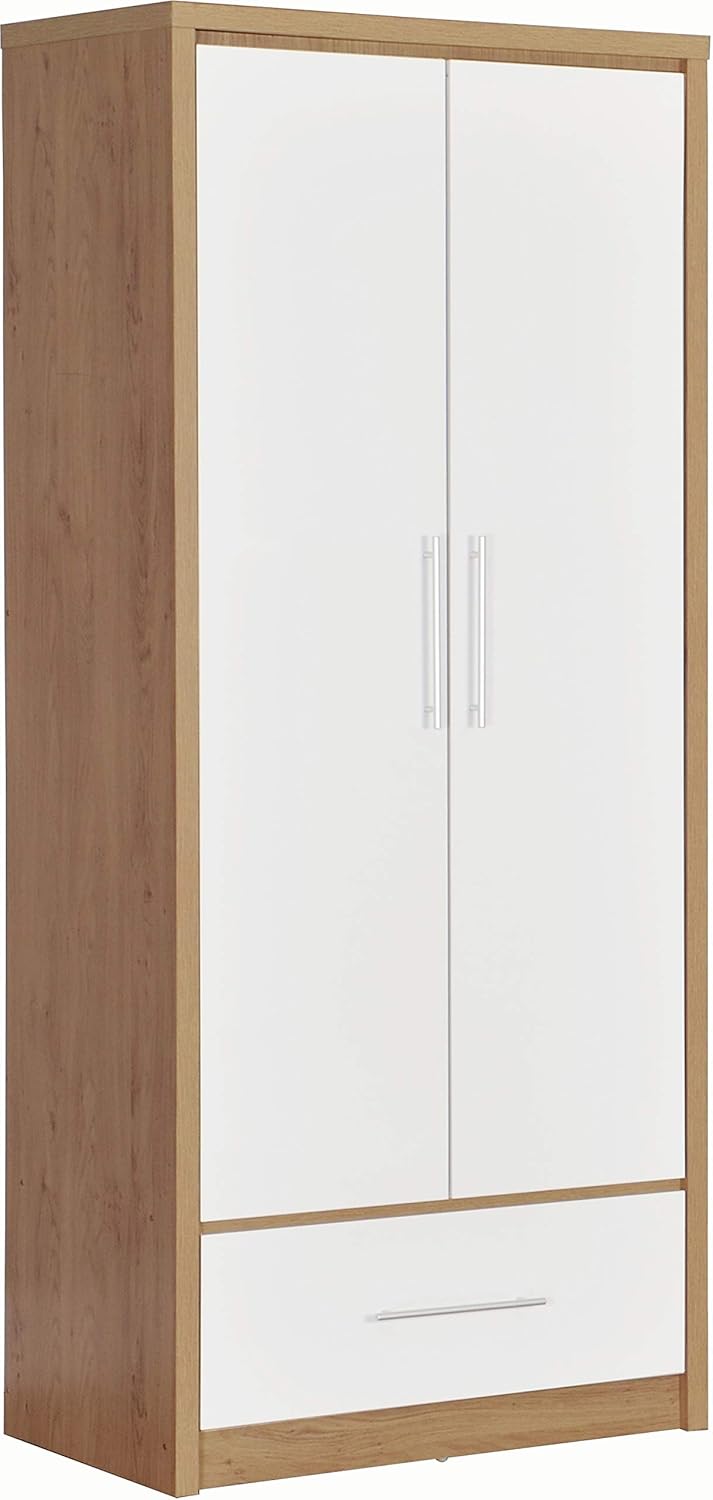 2-Door 1-Drawer Wardrobe in White Gloss & Oak Texture - Skysite ...